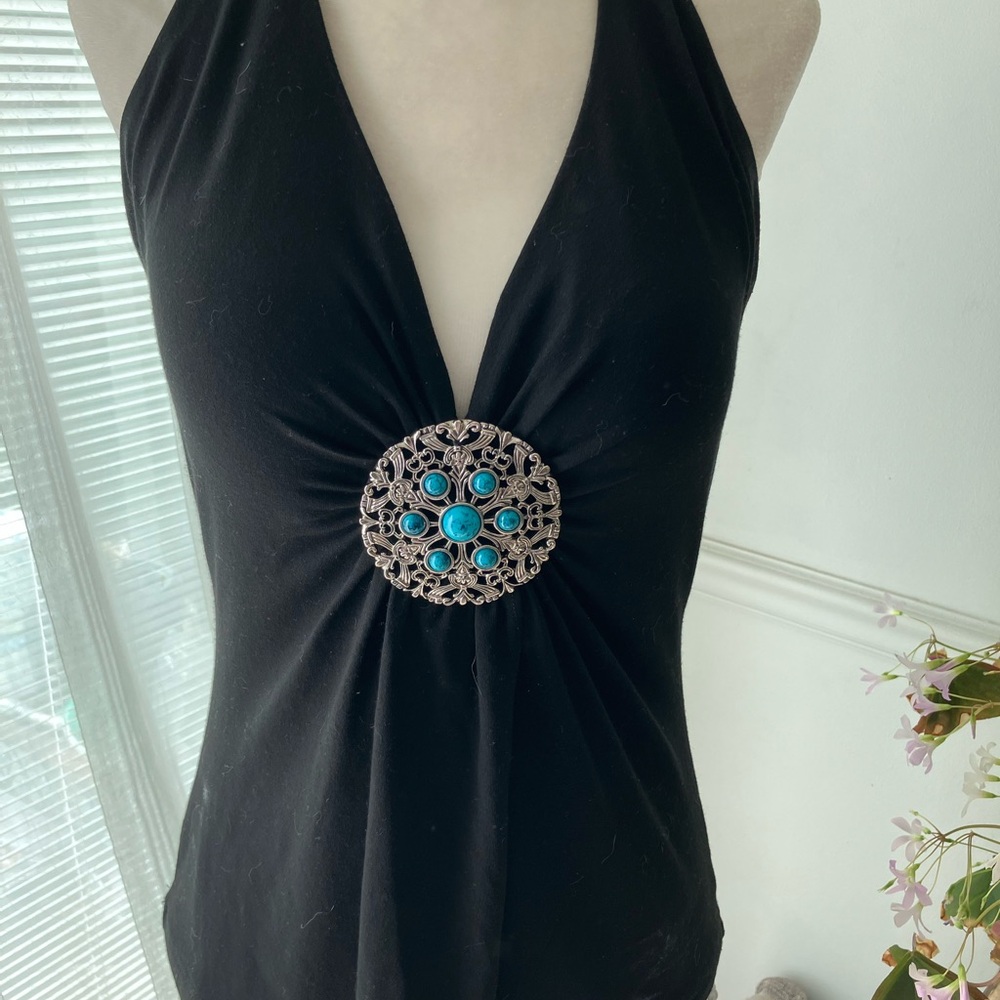 Cache Black Halter Top with Turquoise Accent